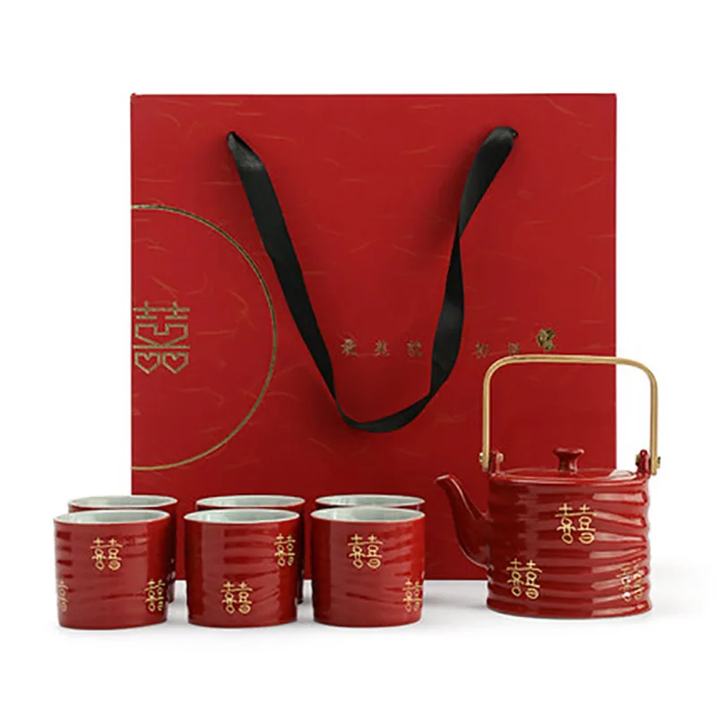 Household Ceramic Tea Pot Set, Teacup Teapot, Customized Chinese Red Wedding Supplies, Bride Gift, Dowry, Marriage Celebration