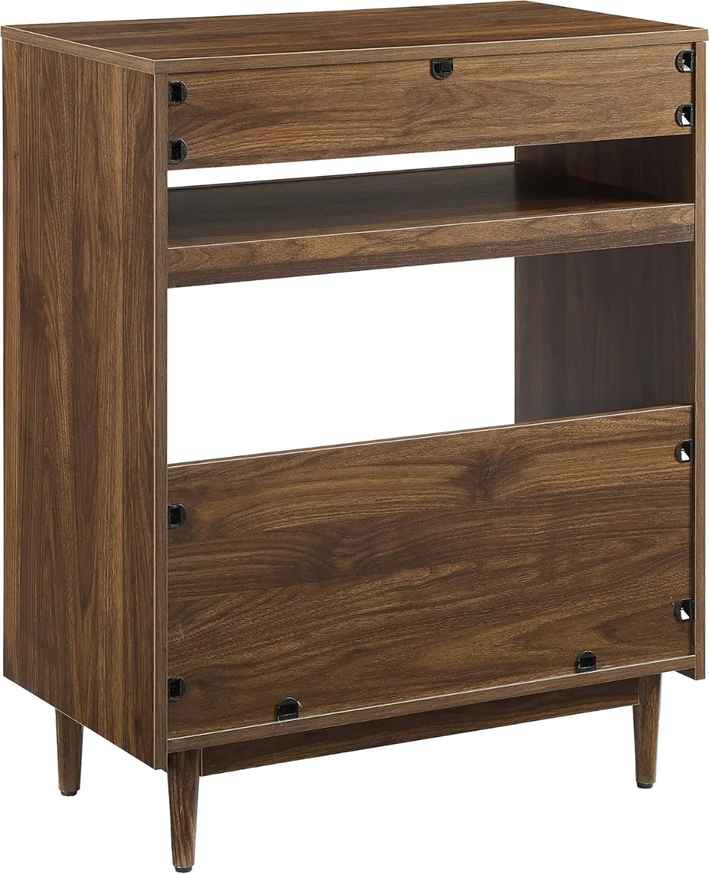 Mid Century Modern Turntable Stand with Vinyl Storage, Walnut Finish, Adjustable Legs