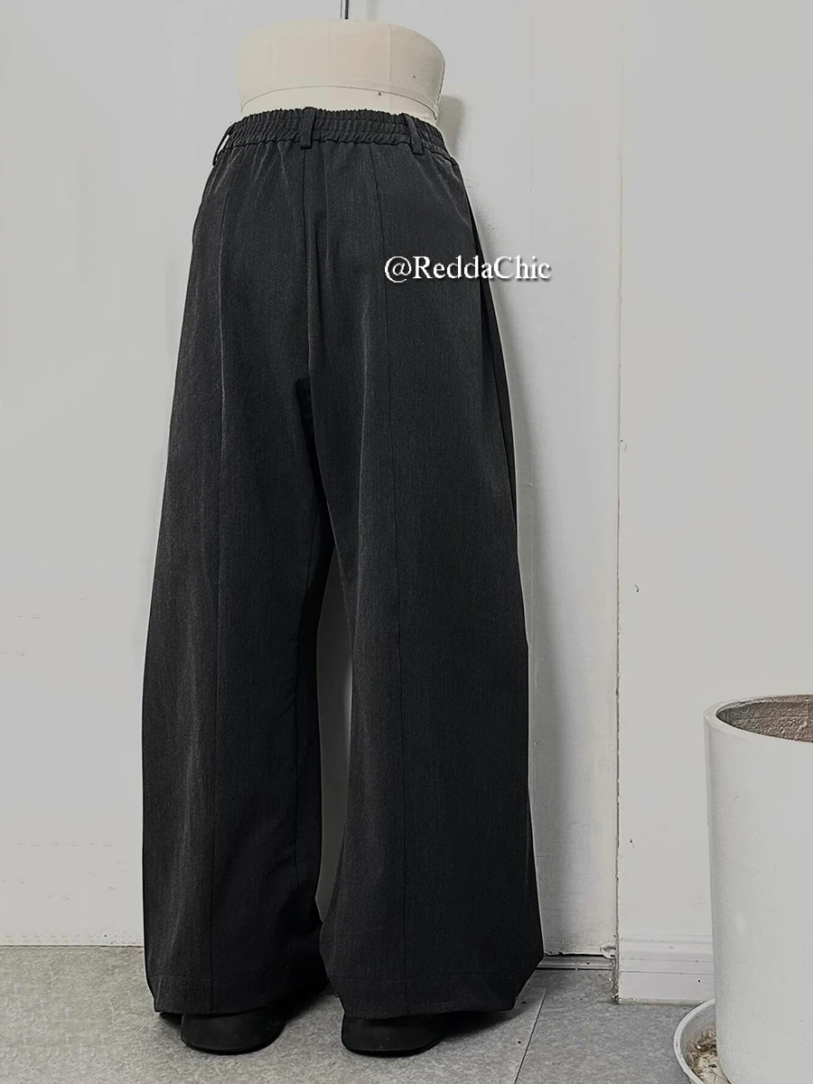 REDDACHiC Irregular Buttons Dress Pants Women Men Black Elastic Waist Wide Leg Pleated Front Suit Trousers Work Casual Clothes 5