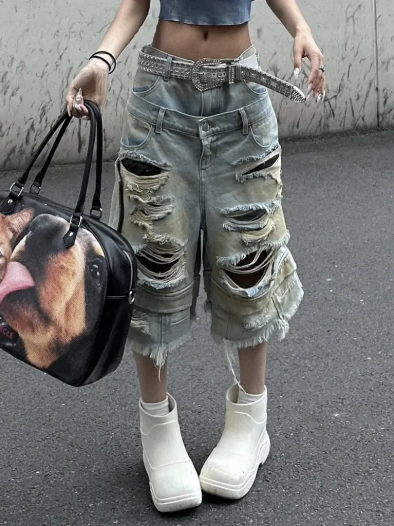 Y2K Fashion New Holes Do Old Washed Baggy Denim Shorts Female Gothic Harajuku Popular Casual Joker High Waist Wide Leg Pants 3