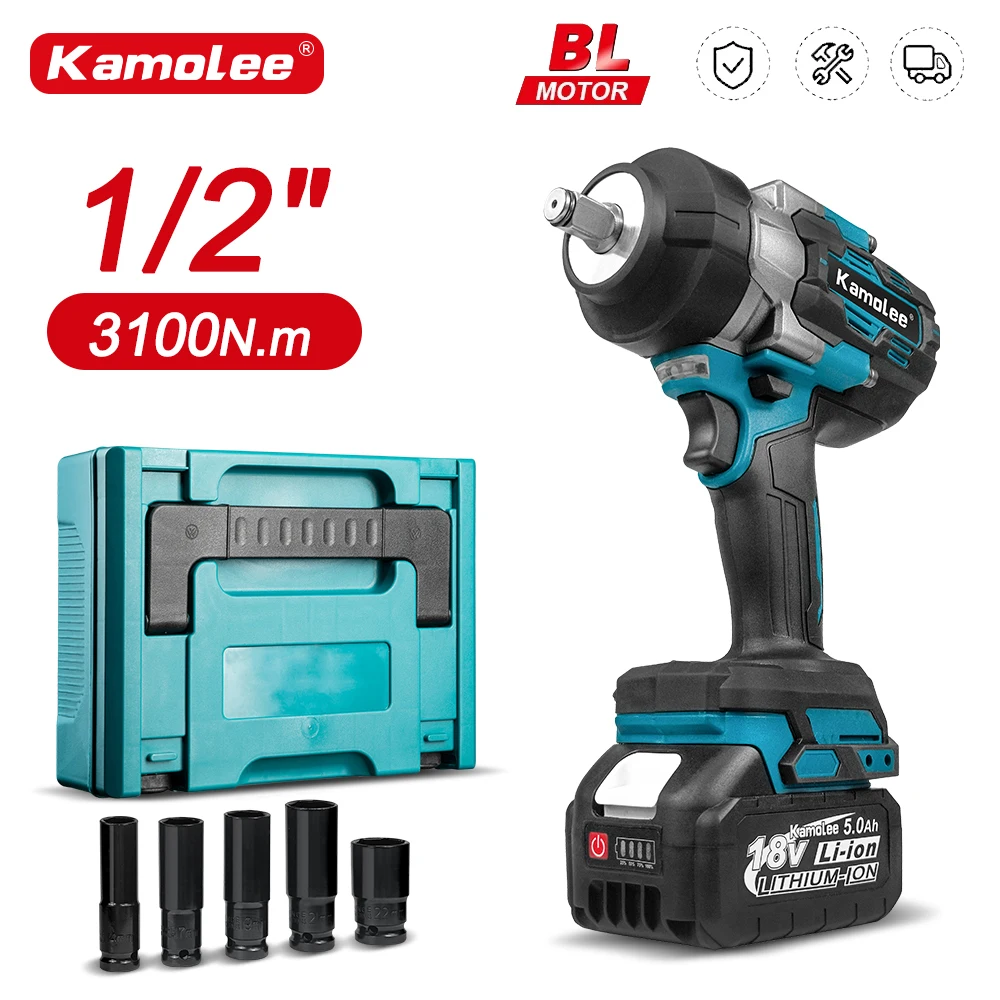 KAMOLEE Electric Impact Wrench 3100NM 1 2 Inch, Brushless Cordless Handheld Power Tool For 18V 21V Battery