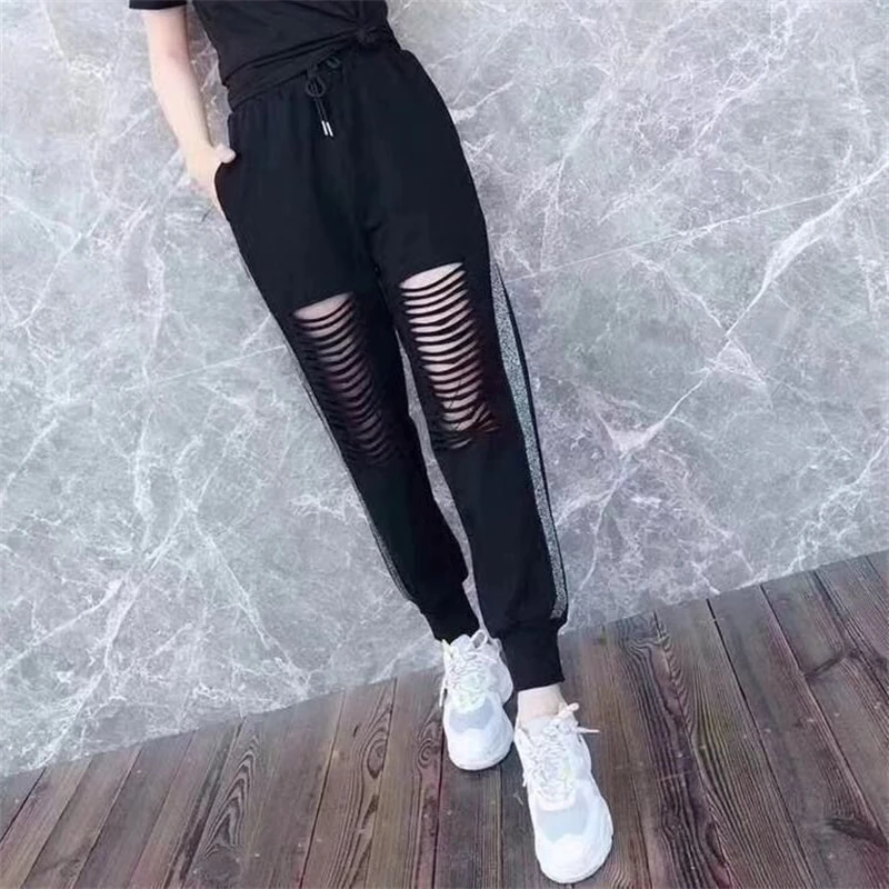 Women Summer Trendy Hollow Bright Silk Casual Streetwear Harem Pants Female Black Loose Sports Joggers Sweatpants Y2K Pantalones