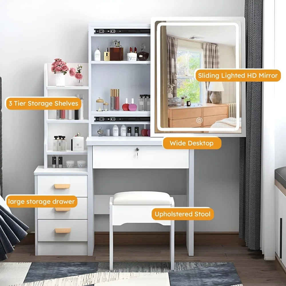 Makeup Vanity Set with Mirror and Light, Storage Drawer, Chair and Shelf, Adjustable Brightness Makeup Vanity with Light 4