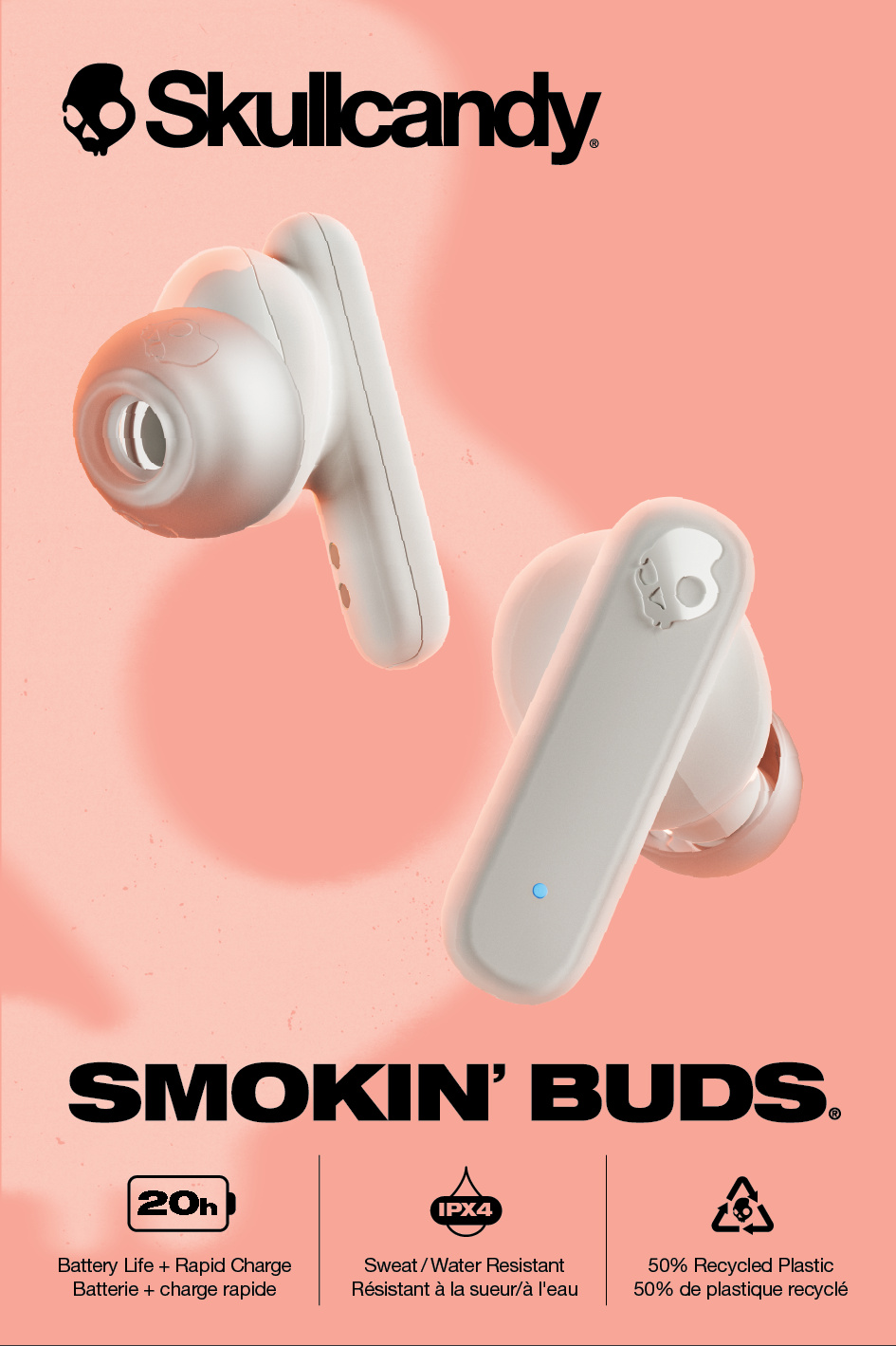 Choice Skullcandy Smokin Buds White S2TAW-S951 Wireless Earphones Bluetooth Long Battery Life IPX4 WaterProof Earbuds