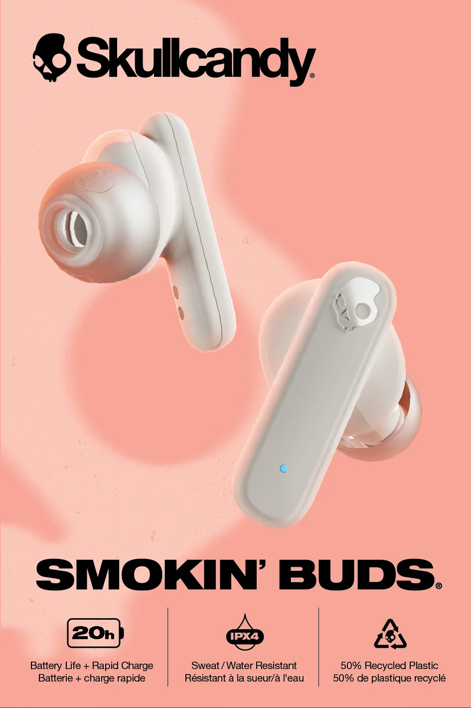 Skullcandy 스모킨 버즈 S2TAW-S951 블루투스 5.2 무선 이어폰, 긴 배터리 수명 이어버드, IPX4 땀 방수 헤드폰