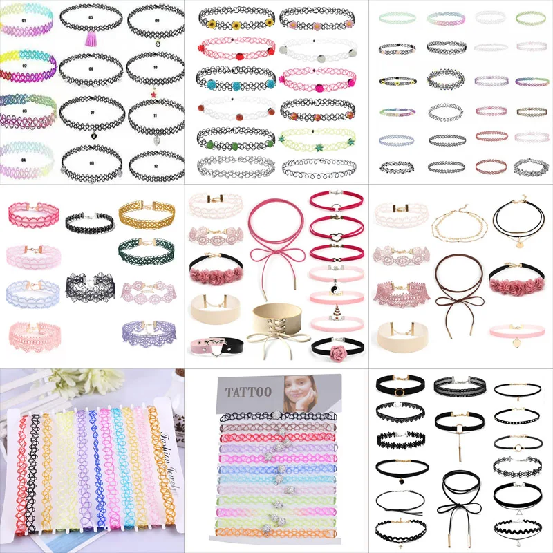12 pieces Fashion Velvet Choker Necklace for Women Vintage Sexy Colourful Lace with Flower Girl Neck Jewelry Accessories