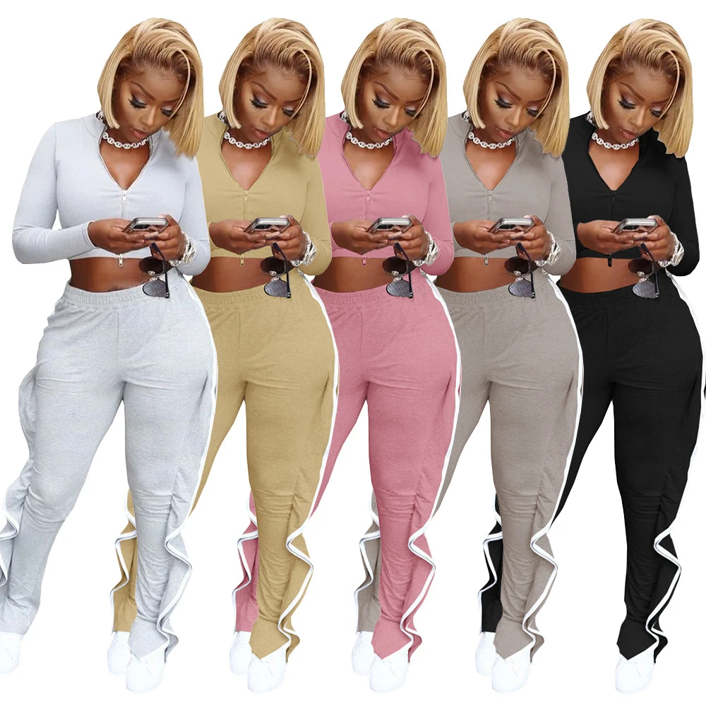 

2 Pieces Leggings Set Women Solid Color Cotton Tracksuit Slim Zipper Irregular Split Hemmed Pants Sports Suit Casual Sportswear