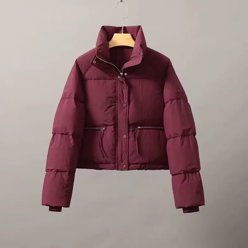Cropped Parkas Women All-Matchw Solid Color Stand Collar Korean Puffy Jacket Snow Wear Warm Loose Cotton Down Padded Winter Coat