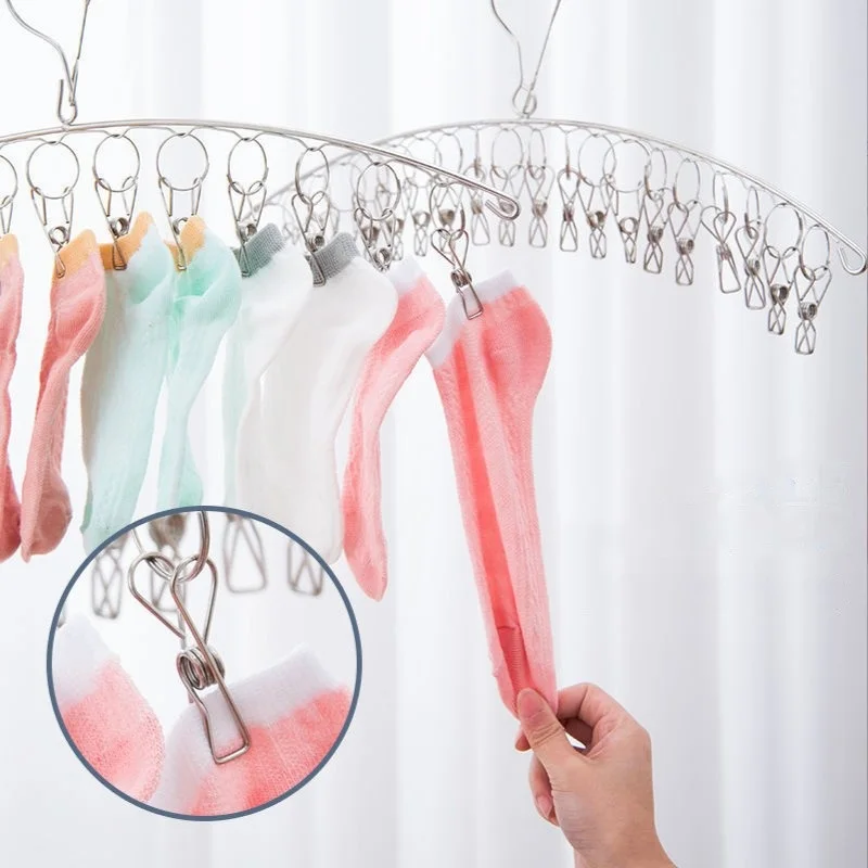 Stainless Steel Clothes Hangers With 10 Clips Wet Dry Dual Use Windproof Drying Rack