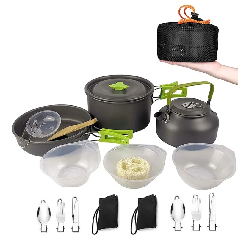 

Camping Tableware Set Outdoor Cookware with Water Kettle Frying Pan Camping Pot Cutlery Kitchen Equipment for BBQ Hiking Picnic