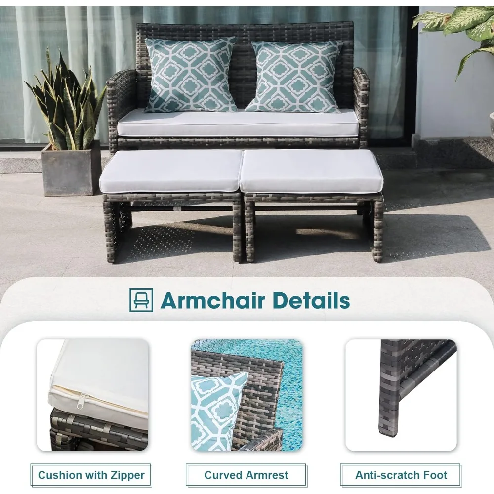 Outdoor Loveseat Patio Furniture Rattan Conversation Set with Ottoman, White Cushions, Grey Wicker, Pillows Included 5
