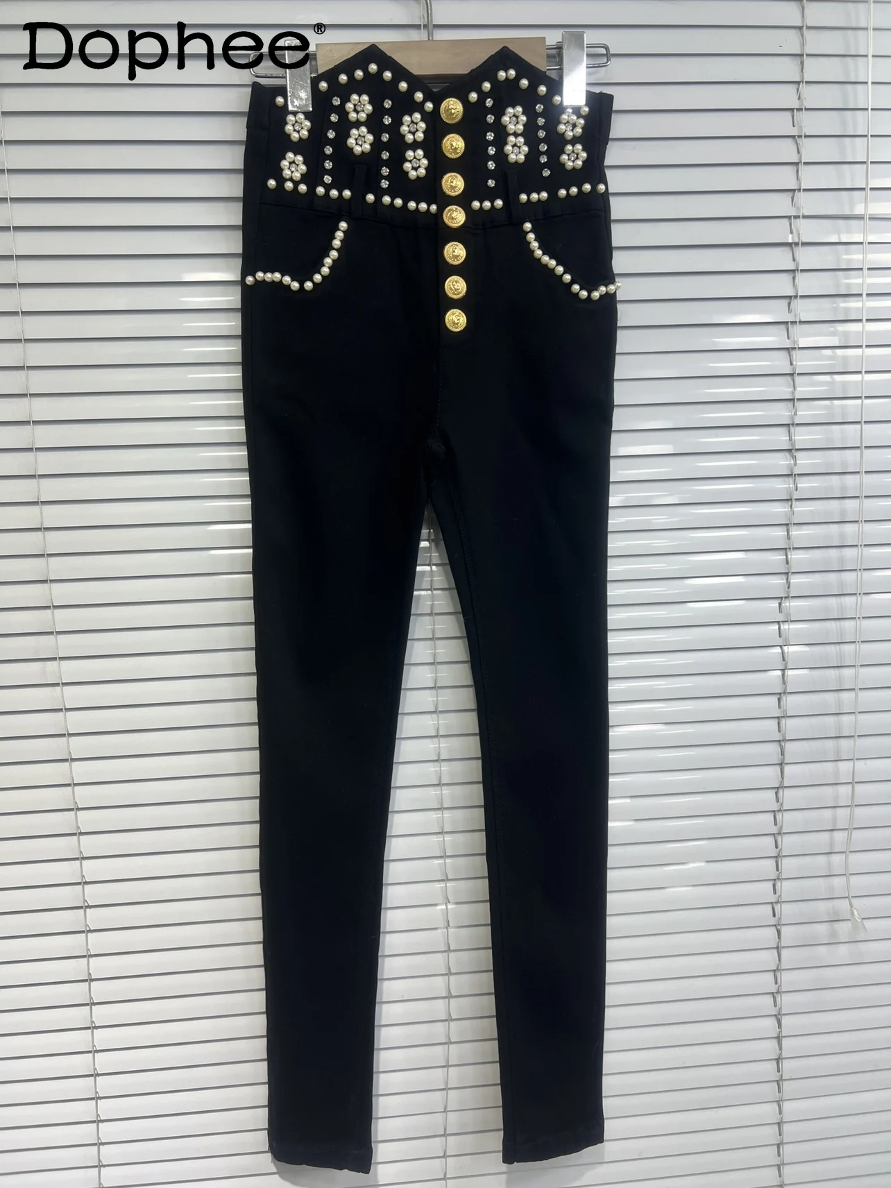 

Autumn Winter New Heavy Industry Beads High Waist Casual Pants Women Elegant Stretch Tights Fashionable Small Black Trousers