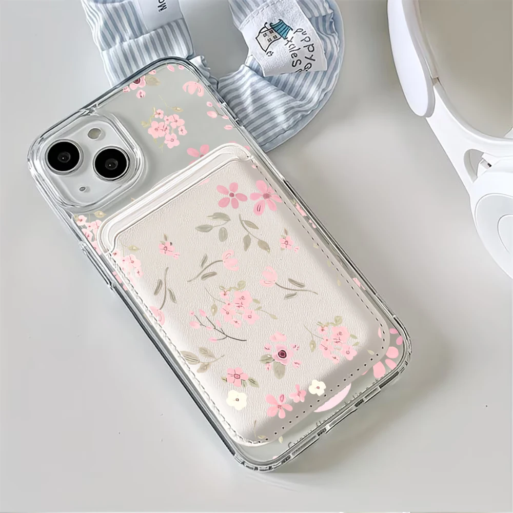 Pink Floral Magnetic Card Holder Phone Case with MagSafe Wallet