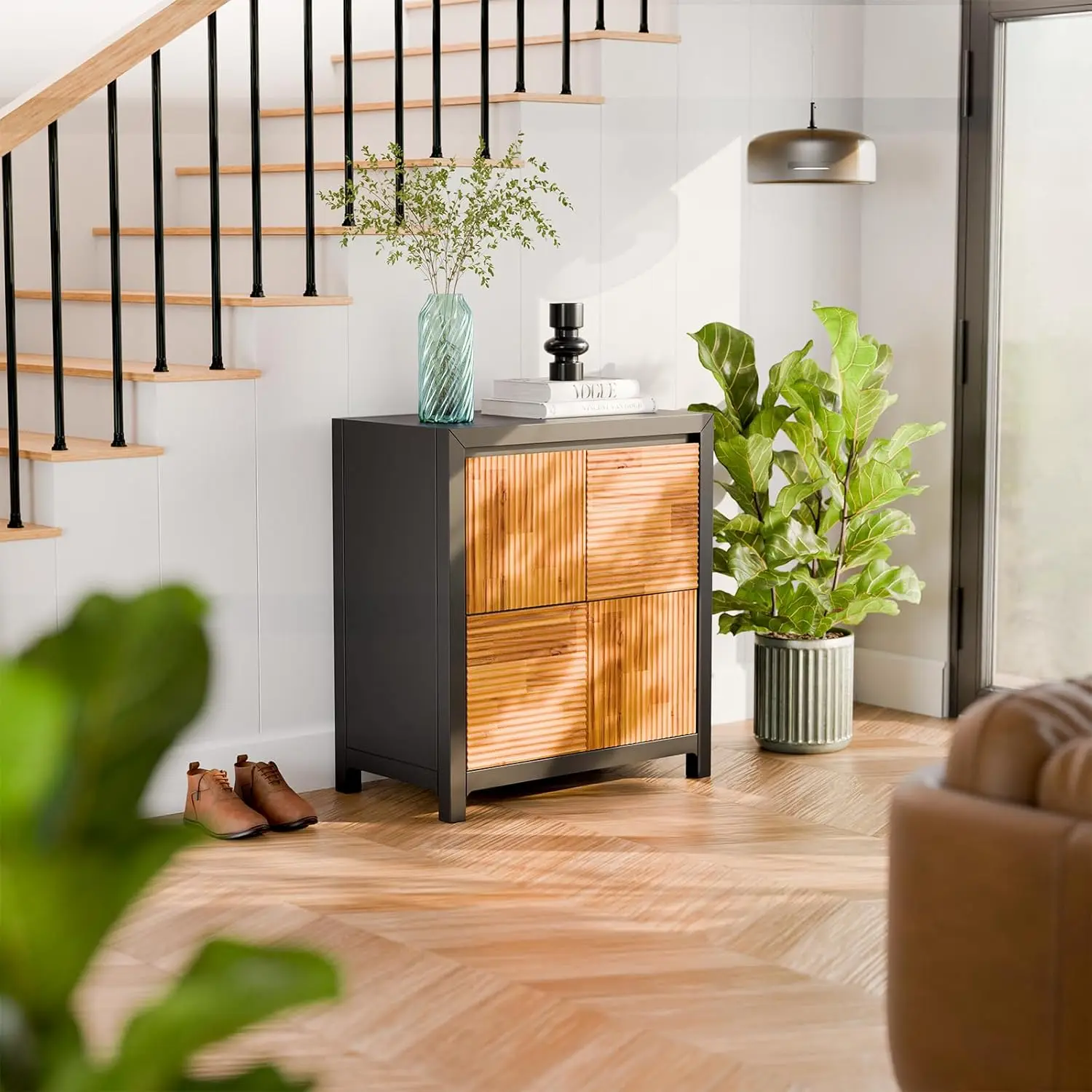 Bme Madia Accent Cabinet, Trendy Fluted Pattern Entryway Table with Storage with Convenient Soft-Close Doors, Solid Acacia Wood
