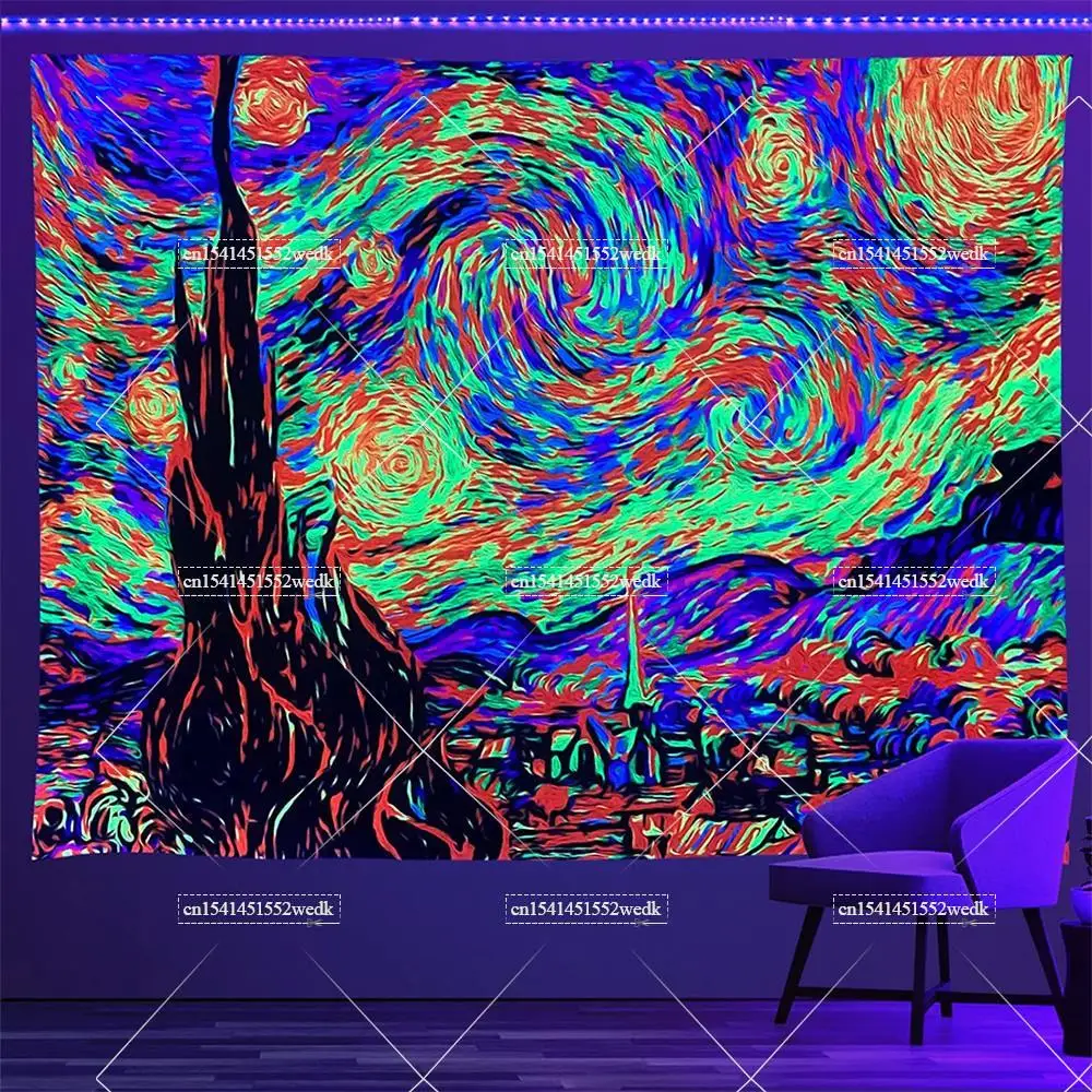 Blacklight tapeçaria noite estrelada van gogh parede arte decoração brilho  no escuro pintura a óleo fluorescente tapeçaria uv reativo cartaz -  AliExpress, image size:1000x1000