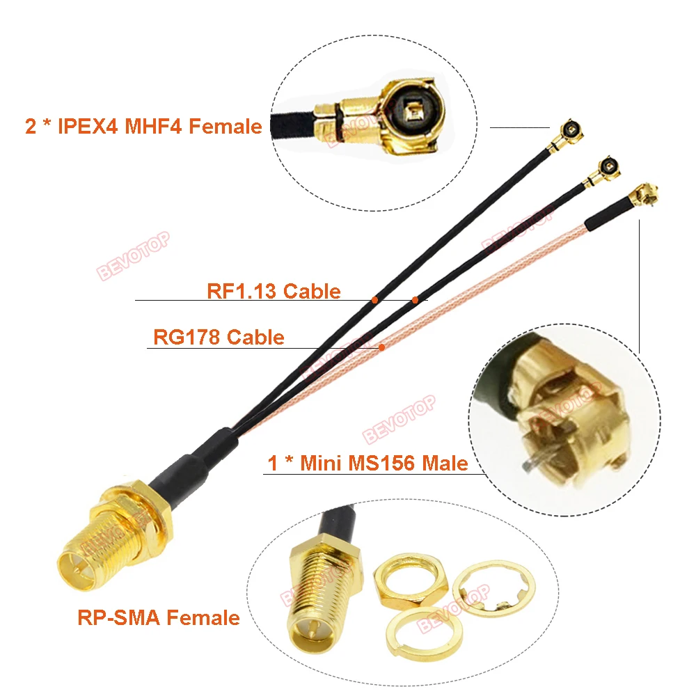 Sma do divisor da antena a ipx, fêmea do rp-sma/sma a 1xmini ms156 + 2 rg178 fêmea do ipex4 mhf4 rf1.13, 10 pcs/lot