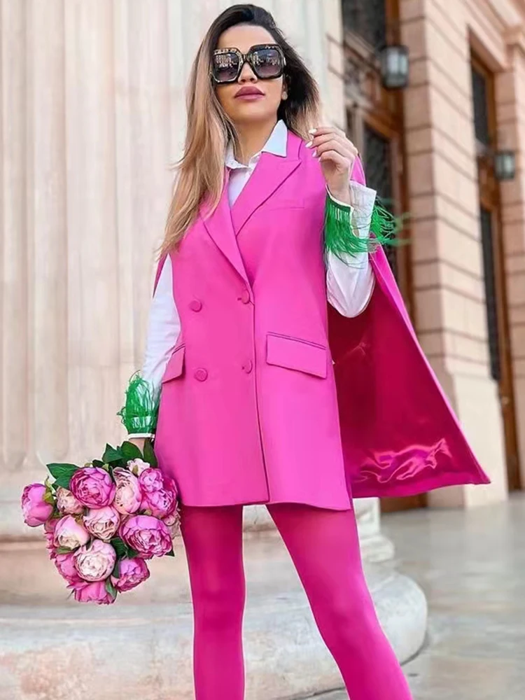 PUWD Women Pink V Neck Straight Pocket Cape Blazer 2022 Spring Fashion Ladies High Street Casual Blazer Female Solid Color Suit blue pant suit