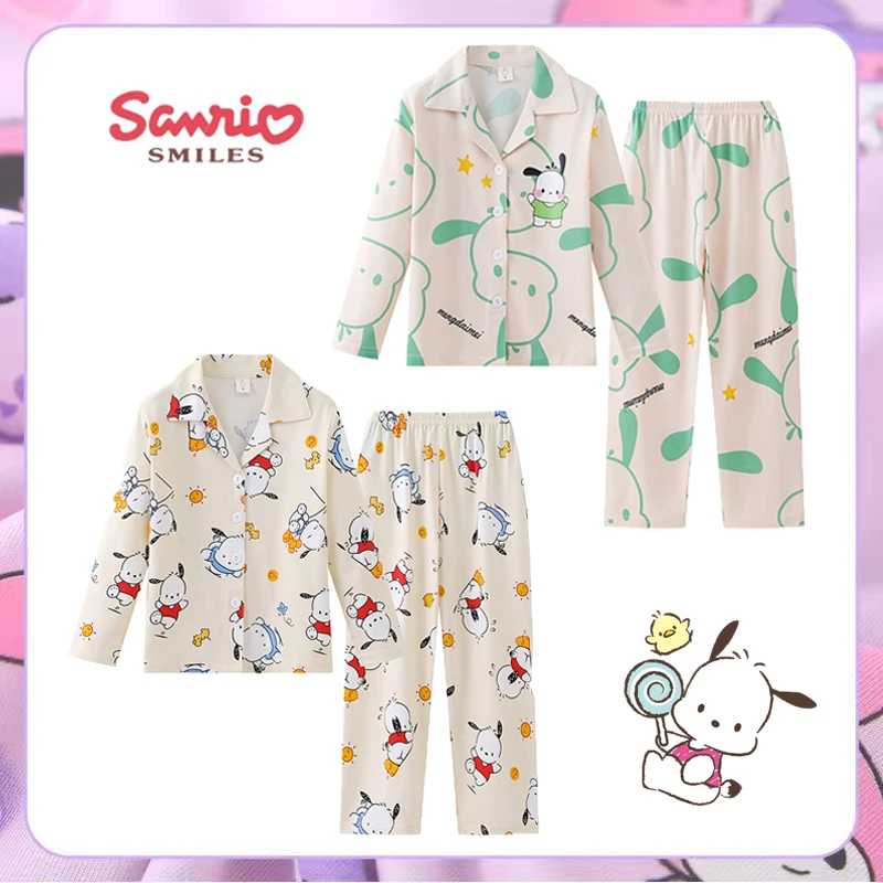

Детская Пижама Sanrio полачко Kuromi Cinnamoroll Y2k, милая Повседневная Осенняя пижама с длинным рукавом и лацканами Hello Kitty, костюмы