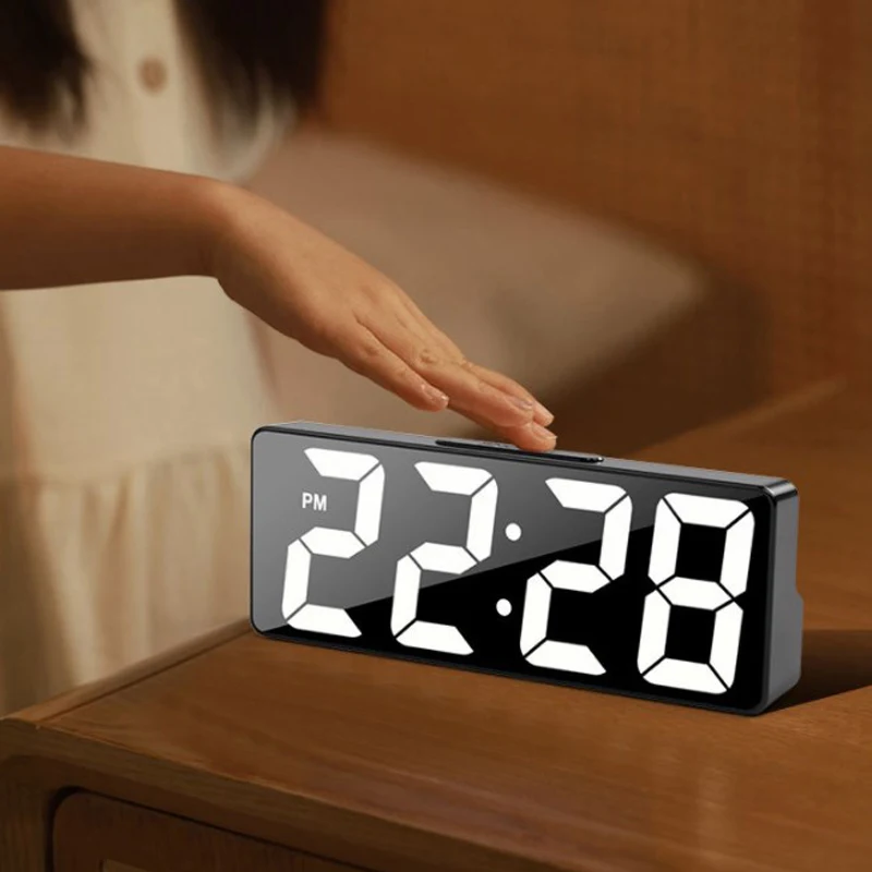 LED Digital Alarm Clock Living Room Bedroom Electronic Desktop Clock Temperature Display Adjustable Brightness 12/24 Hours