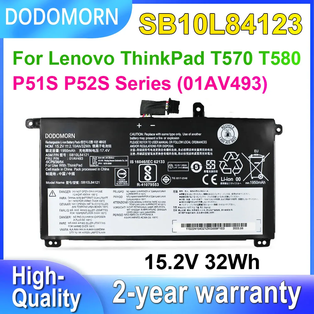 

DODOMORN 01AV493 Laptop Battery For Lenovo ThinkPad T570 T580 P51S P52S SB10L84121 SB10L84122 00UR890 00UR891 11.52V 32Wh