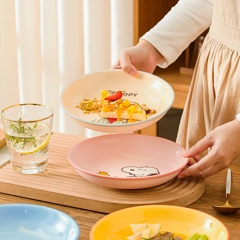 Miniso Snoopy 8 Inches Ceramic Plate Cute Kawaii Fork Spoons Set Cartoon Printing High Temperature Resistance Kitchen Tableware 4