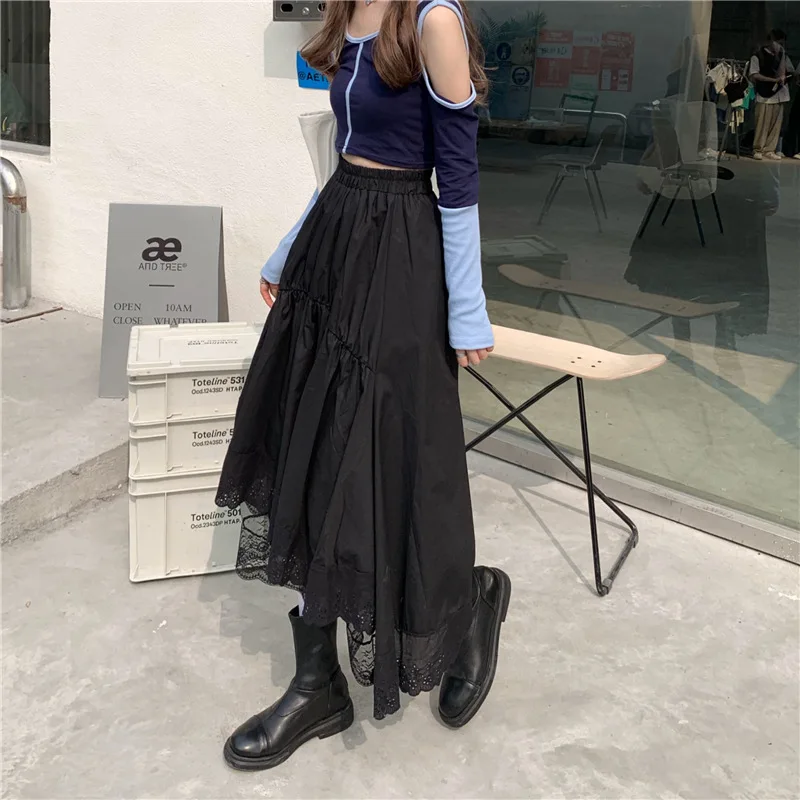 pleated skirt Spring Summer Women Skirts Vintage High Waist Elastic Patchwork White Black Chic Long A-line Skirt Korean Hip Hop Streetwear skirts for women