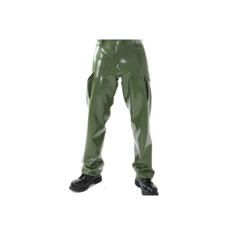 

Handmade loose fitting style Latex Gummi Pants Army Green Rubber Men's Side Pocket Front Customized 0.4mm Cosplay Costumes