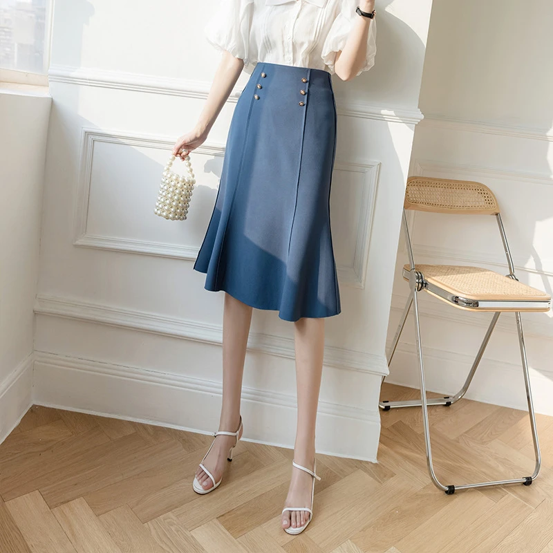 Korean Summer New Commuter Fishtail Skirt Hong Kong Style A-line Skirt Ol High Waist Skirt brown skirt