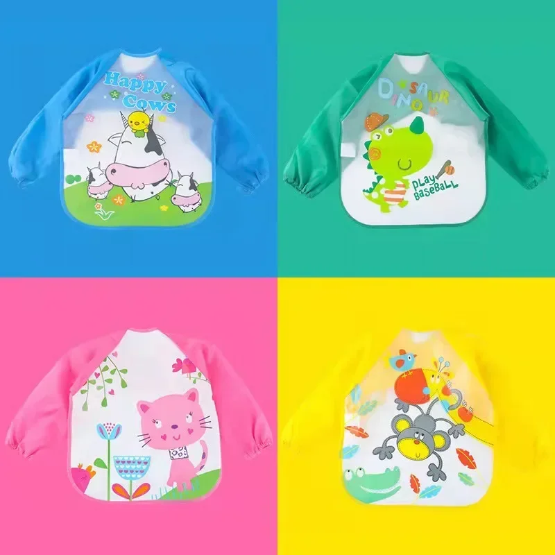Cute Cartoon Animals Baby Bibs Waterproof Colorful Children Bib Full Sleeve Bibs Children Apron Long Sleeve Feeding Baby