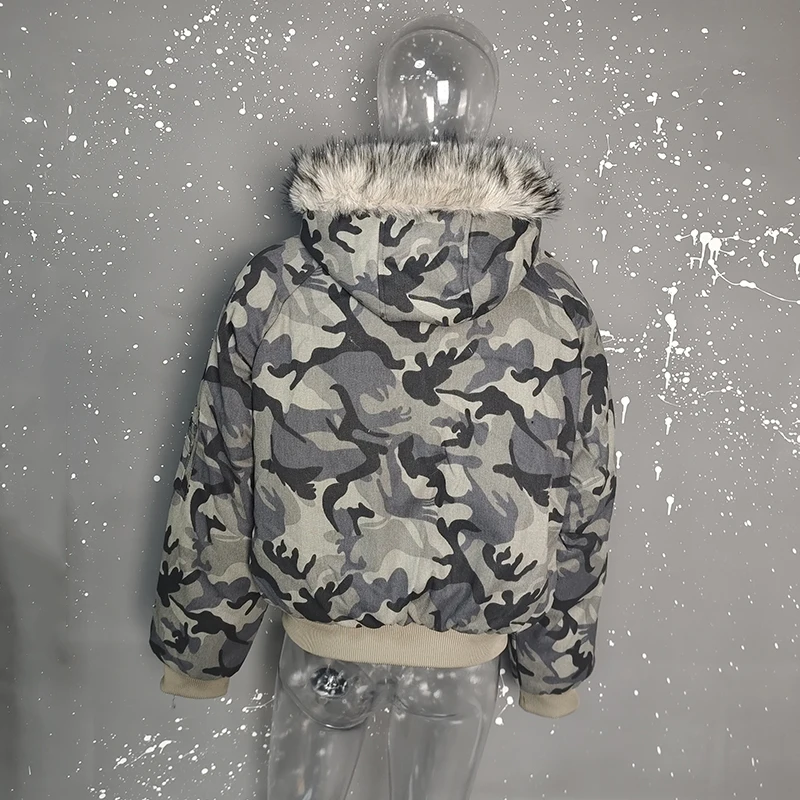 PFHQ Camouflage Men Short Cotton Jacket Large Fur Collar Hooded Design Winter Thickened High Street American Style Coat 21E7761