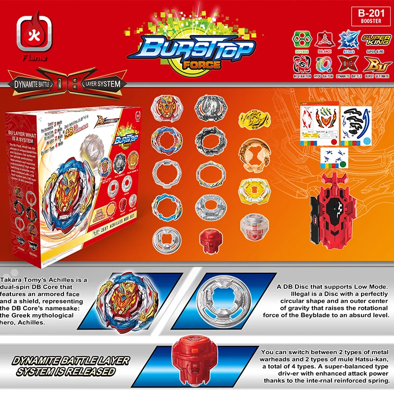 Dynamite Battle Bey Set B-201 Zest Achilles Customize Set Booster B201 Spinning Top with Custom Launcher Kids Toys for Boys Gift