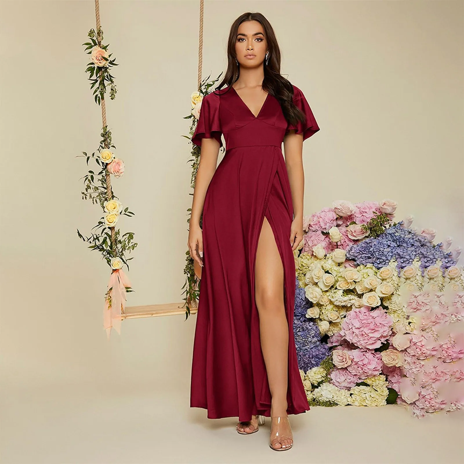 

Elegance Evening Party Dresses For Women Sexy V Neck Short Sleeve High Waist Slit Cocktail Dress Y2K Chic Satin Long Vestidos