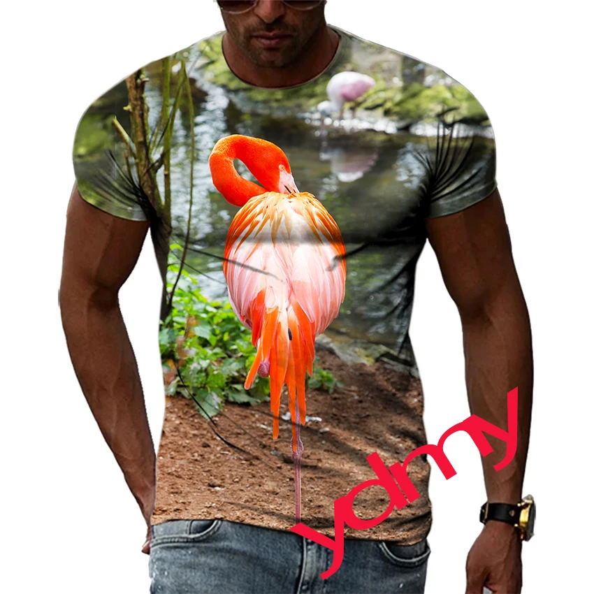 

Tide Fashion Summer Flamingo Picture Men's T-shirt Casual Print Tees Hip Hop Personality Round Neck Short Sleev Quick Drying