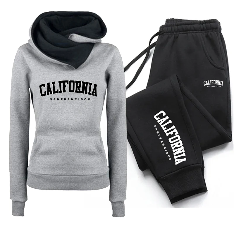 Women Clothing Set Tracksuit Print Double Neck Hooded Sweatshirts Sweatpants 2 Piece Set Autumn Winter Comfortable Warm Casual