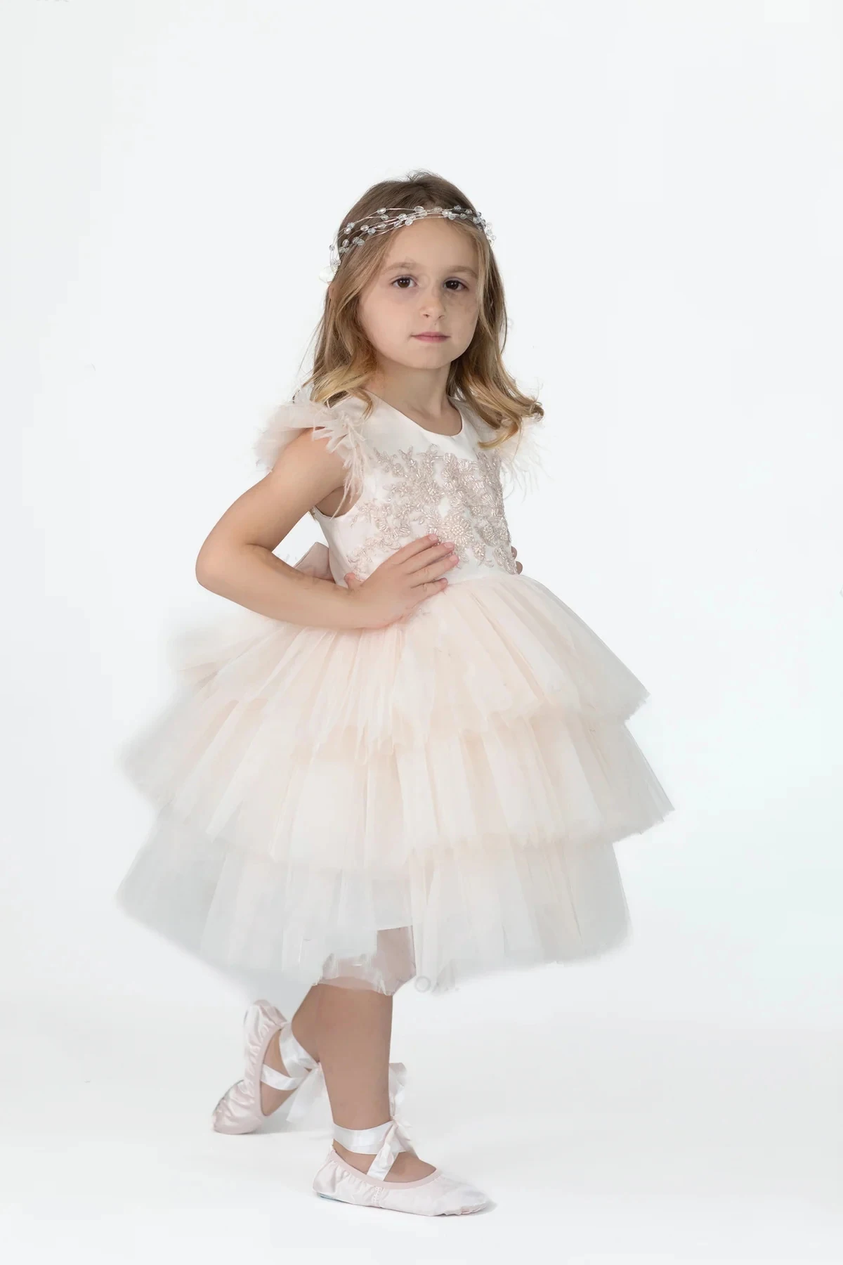 Beige-Flower-Girl-Dress-For-Wedding-Feathers-Puffy-Tiered-Knee-Length ...