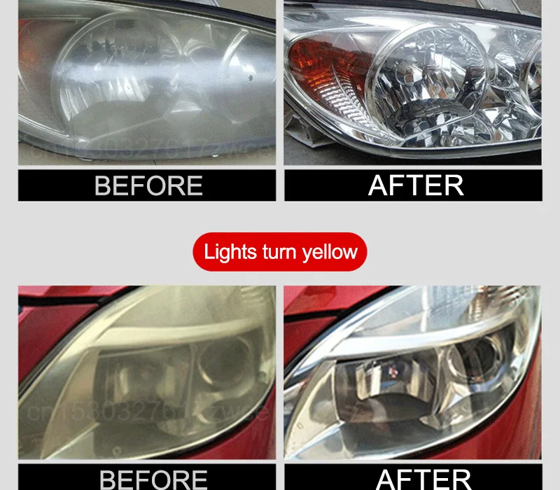 Car headlight restoration polishing kit with cleaning paste and repair tools, designed to refurbish and protect headlamp lenses and car paint surfaces. light turn yellow