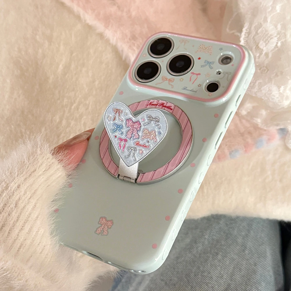 Glitter Colorful Bowknot Fold Heart Magnetic Holder Shockproof Phone Case Cover