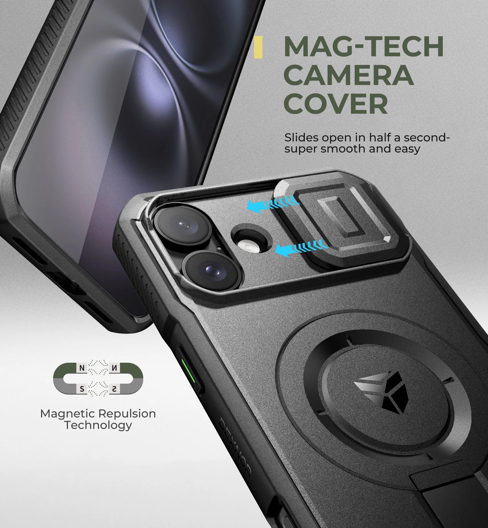 Rugged Shockproof Phone Case with Slide Camera Cover & Adjustable Kickstand