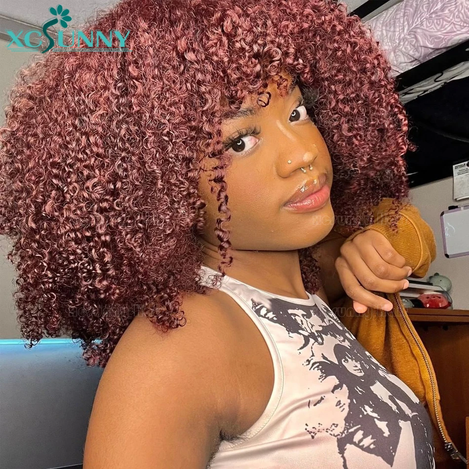 

99j Burgundy Curly Human Hair Wig With Bangs Afro Kinky Curly Wig Full Machine Made Scalp Top Wig Remy Brazilian Hair Xcsunny