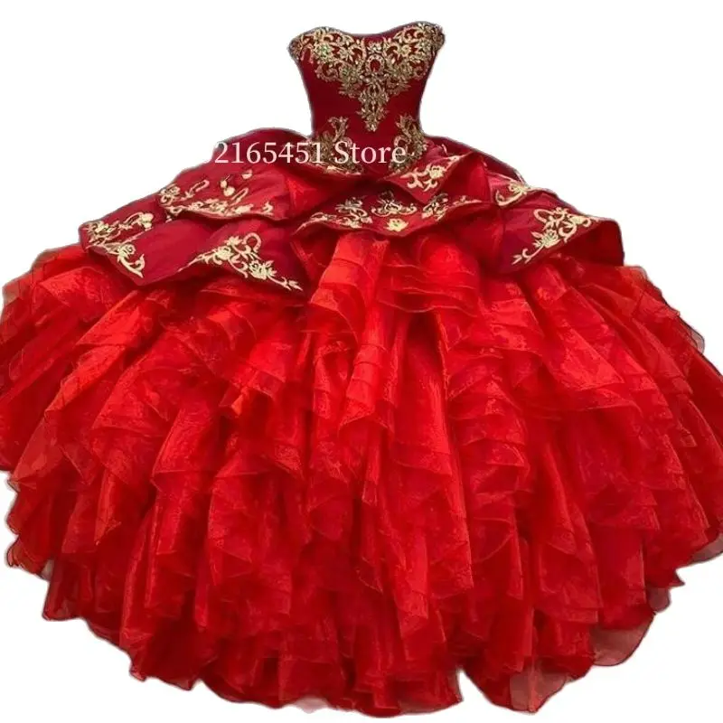 Red Prom Quinceanera Dresses Gold Sweetheart Lace Applique Tiered Skirt Strapless Corset Tulle Sweet 15 Ball Gowns