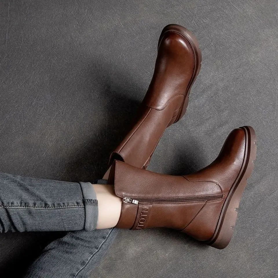 Bottes Mi-Mollet Décontractées pour Femmes en Cuir avec Boucle et Bout Pointu pour l'Hiver et l'Automne, Hauteur Genou