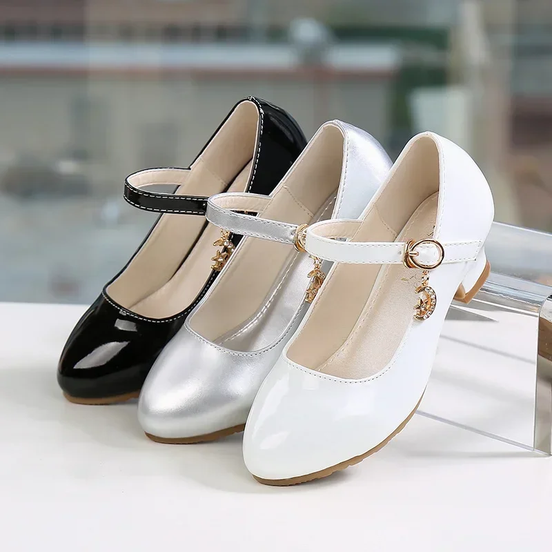 Children Girls Leather Shoes White Princess High Heel Shoes for Kids Girls Performance Dress Student Show Dance Sandals 28-41