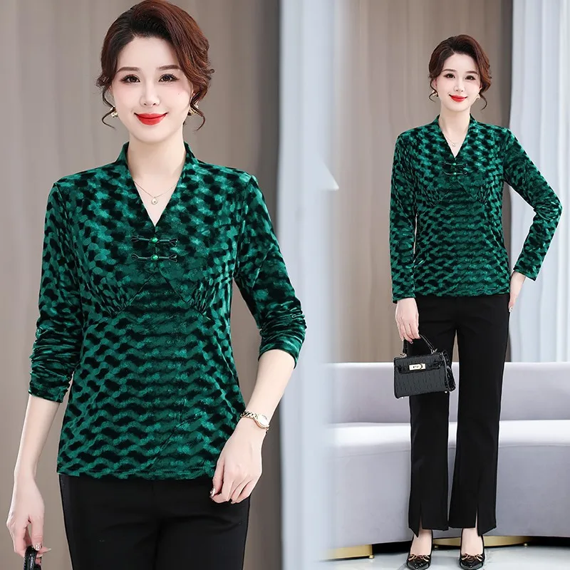Women's Pullover Gold Velvet Shirt Spring and Autumn Office Lady V