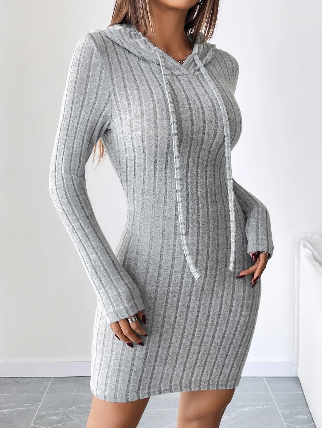 Ribbed Knit Hooded Slim-Fit Dress With Drawstring For Casual Days — photo 3
