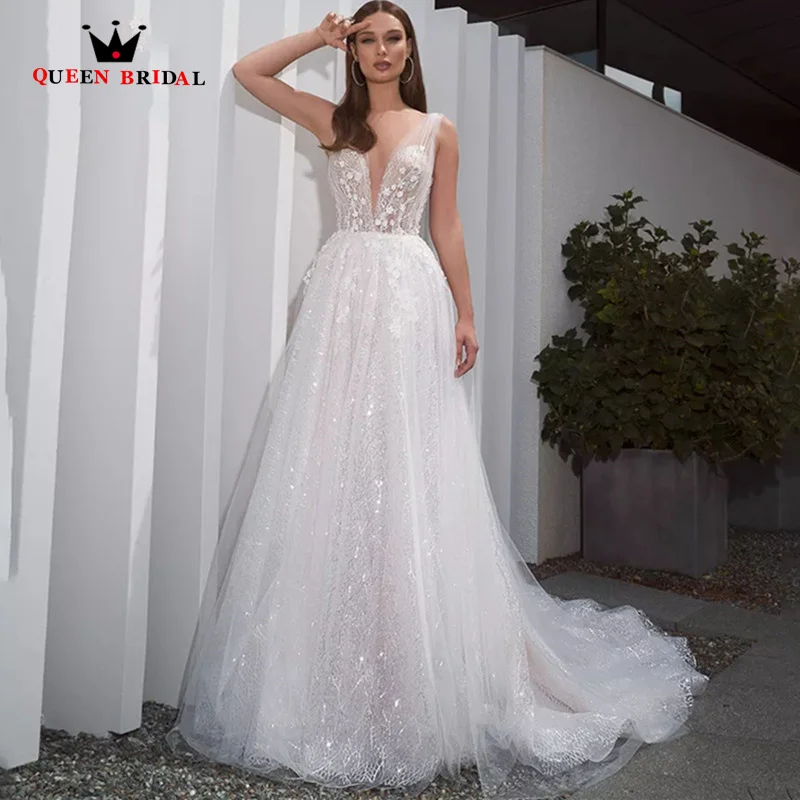

Romantic V-neck Tulle Wedding Dress Boho Beaded Appliques A-Line 3D Flowers llusion Bride Gown Vestido De Noiva QZ05