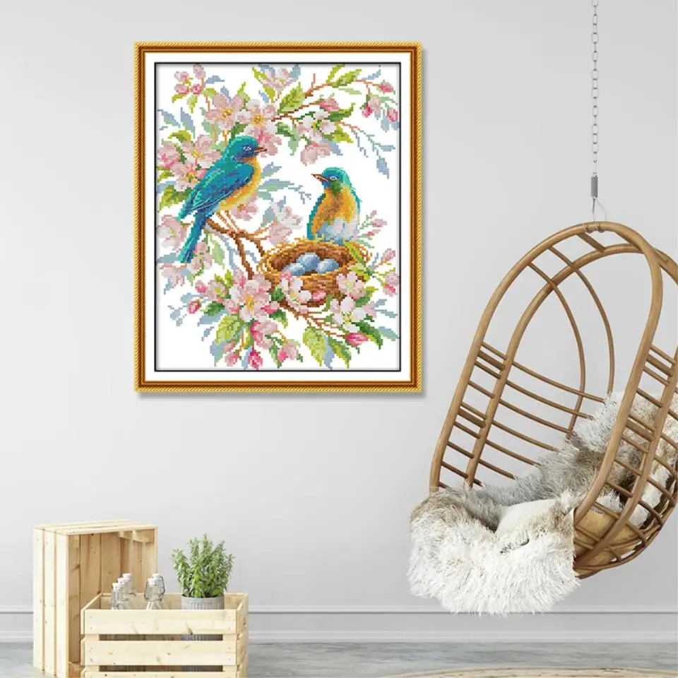 Paar Vögel Auf Blume Zweig Kreuz Stich Kits 11ct 14ct Kits Handwerk Stickerei Set Gedruckt Leinwand Gewinde Baumwolle Hause Verkauf – Detail 1