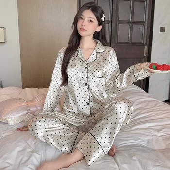 Spring and Autumn Summer Black Polka Dot Ice Silk Pajamas Women's New Long Sleeve Long Pants Net Red Simple Casual Homewear Set