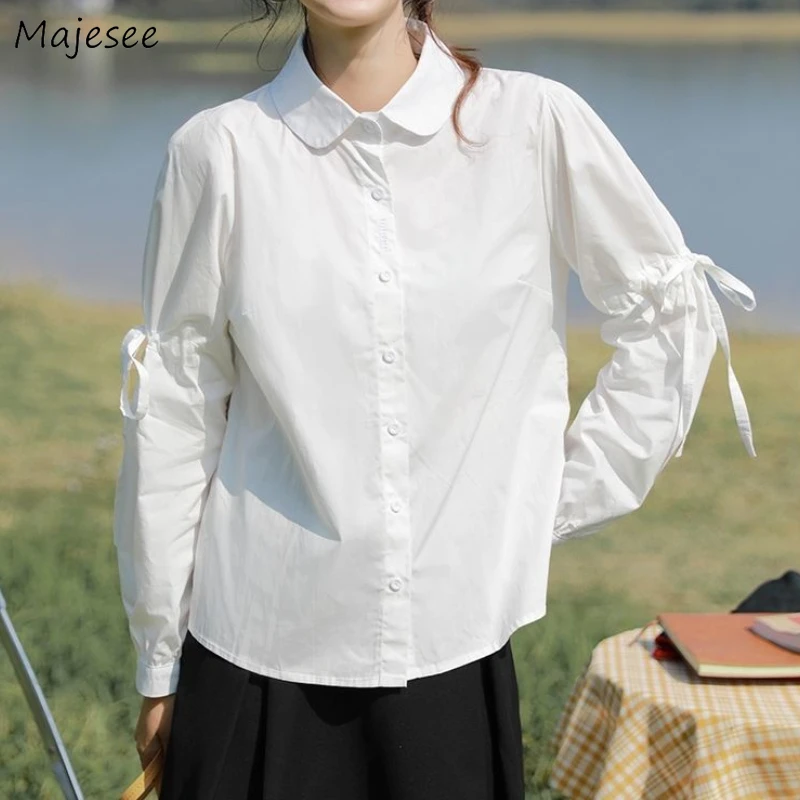 

White Long-sleeve Shirts Women Vintage Lace-up Design French Style Temperament Loose Autumn New Female Casual Tender All-match
