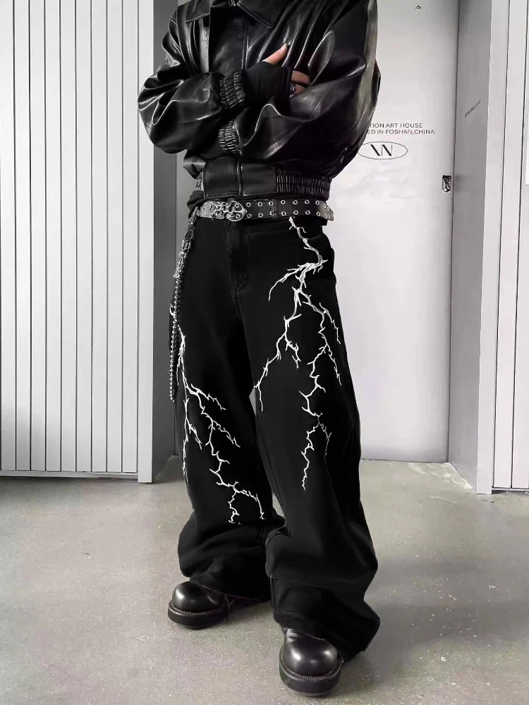 Y2k Fashion Baggy Jeans Black Men's Streetwear Straight Oversize Wide-leg Pants Vintage Lightning Pattern Loose Denim Trousers 2