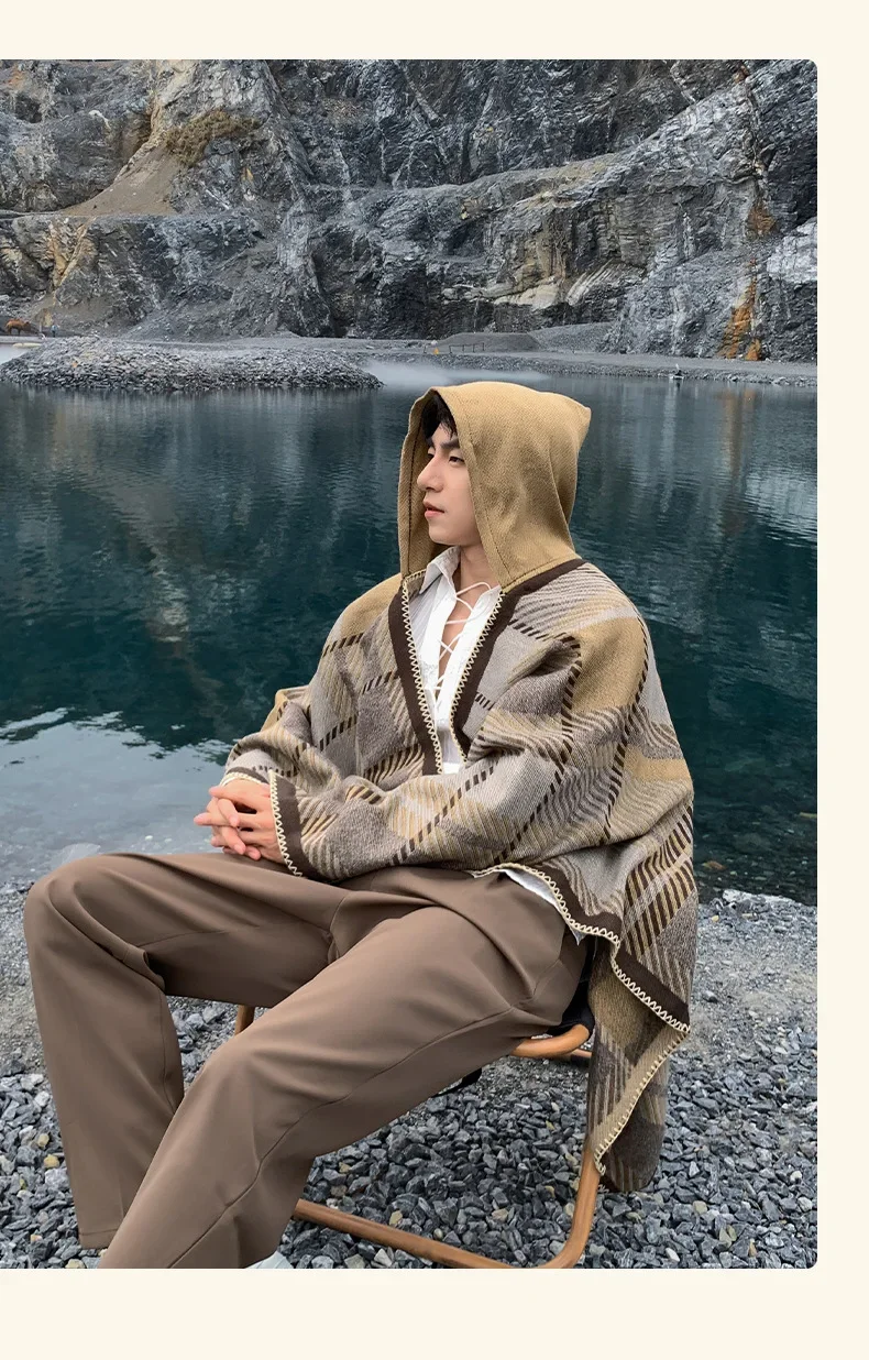 Herren Poncho Winter Warme Schal Verdickung Decke Luxus Schal Männlicher Umhang Kaschmir Mischung Pashmina Cape Stola Karomuster Wickel – Detail 10